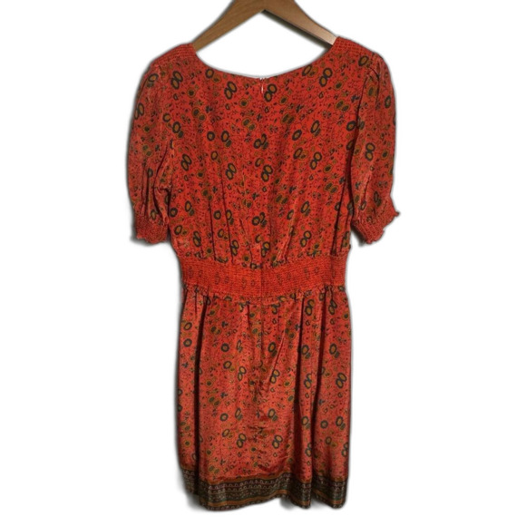 Sezane Sixtine Orange Floral Silk Boho Smocked Mini Dress European Size 40 - Picture 4 of 16